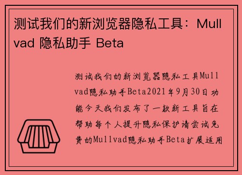 测试我们的新浏览器隐私工具：Mullvad 隐私助手 Beta 